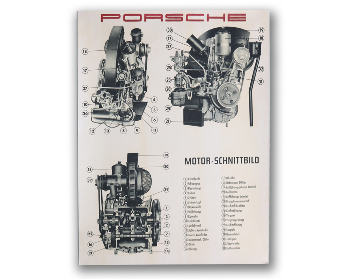 Cut-Away Poster Diagram of Porsche 356A Engine, German